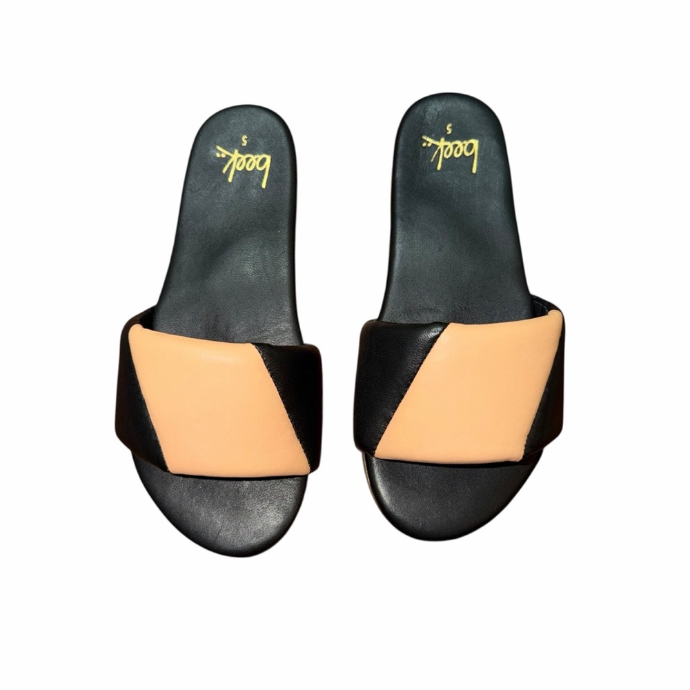 Beek Bluebird Slide Sandals Black Tan Leather Flat Slides Size 5 New